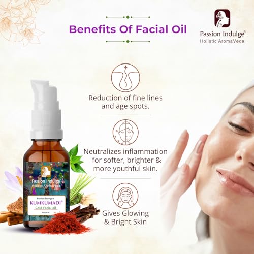 Image of Passion Indulge Kumkumadi Tailam Face Oil for Glowing Skin 10ml | Dark Spot Corrector & Skin Brightening Serum | Kumkumadi Tailam with Saffron & 16 Ayurvedic Herbs | Reduces Pigmentation, Blemishes & Dull Skin Face Serum