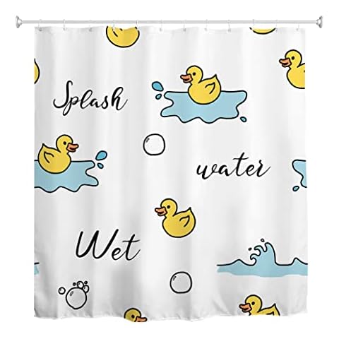 goodbath Duck Shower Curtain, Waterproof Anti Mould Proof Resistant Bath Curtains for Bathroom, 180cm x 180cm, Yellow White Black Cover