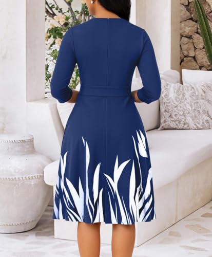 Image of Casual Dresses for Women Midi Church A-Line Fit and Flare Dress Crewneck 3 /4 Sleeve Party Dress