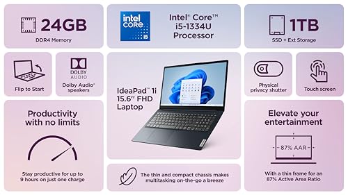 Image of Lenovo IdeaPad 15.6 inch FHD IPS Touchscreen Laptop, Business AI Computer, Intel Core i5-1335U (10-Core Upto 4.6 GHz), 24GB RAM, 1TB Storage (512GB SSD+500GB Ext), MarxsolAccs, Win 11 Pro, Lifetime Office