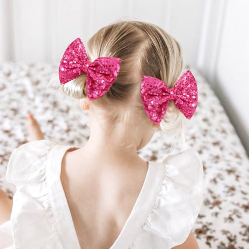 CN 5 Inch Glitter Hot Pink Hair Bows for Girls Alligator Clips Sparkly Sequin Hair Accessories for Kids Toddler Women on Birthday Wedding Christmas and Party