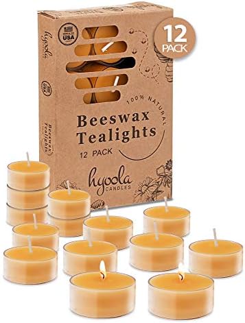 Pure Beeswax Tea Lights - 12 Pack - Handmade Decorative Unscented - Tealight Candles - 4 Hour Burn Time, Clear Cup