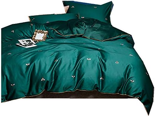 RoyalLinens 4 Piece Luxury Emerald Green Duvet Cover Set 100% Cotton 60S Sateen Bedding Sheets Percale Bedclothes with Bees Printed Bed Linen (Queen Size 4pcs)