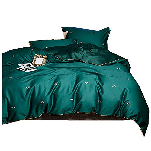 RoyalLinens 4 Piece Luxury Emerald Green Duvet Cover Set 100% Cotton 60S Sateen Bedding Sheets Percale Bedclothes with Bees Printed Bed Linen (Queen Size 4pcs)