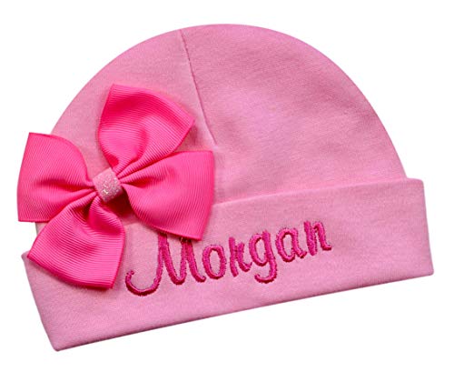 Funny Girl Designs Baby Girls Embroidered Pink Cotton Hat Keepsake with Glitter Center Hot Pink Bow Personalized with Name of Your Choice