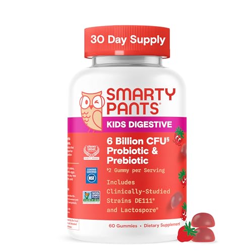 SmartyPants Kids Probiotic & Prebiotic Gummies for Digestive Health: Gut Health Supplement, Clinically Studied Prebiotic for Immune Support, Strawberry, 60 Count (30 Day Supply)