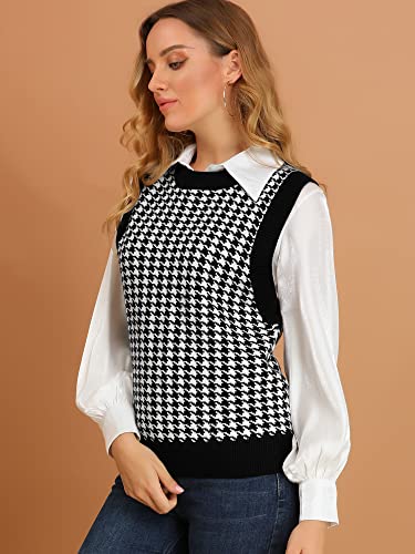 Allegra K Women's Round Neck Vest Sleeveless Houndstooth Plaid Knitted Sweater2