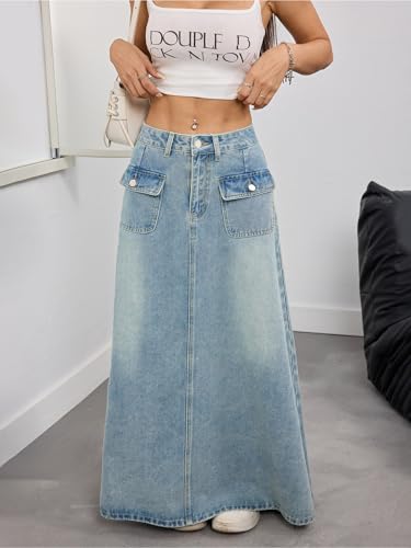 ebossy Women's Vintage Mid-Rise Multi-Pockets Flared Long Jean Skirts Pleated Flowy Swing A-line Denim Maxi Skirts3