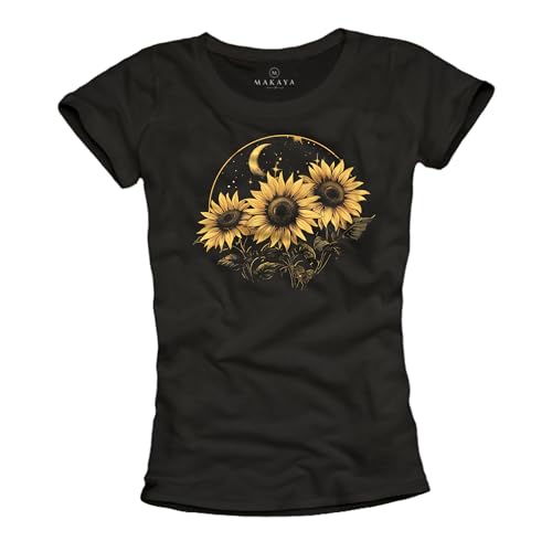 MAKAYA Damen T-Shirt mit Sonnenblumen Motiv Sunflower Blumenprint...