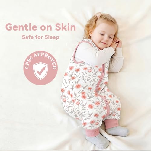 Image of Chilsuessy Toddler Sleep Sack with Feet 3-4 T, 1.0 TOG Cotton Baby Wearable Blanket with Legs, Sleep Bag Walker with 2-Way Zipper, Pink Flower