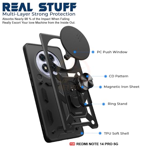 Image of Armor Bumper Back Cover Case for Redmi Note 14 Pro 5G Rotating Camera Cover, Ring Holder & Kickstand | Heavy Duty & 360 Degree Protection Redmi Note 14 Pro 5G Back Cover (Black)