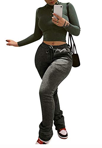 Annystore Women's Casual Slim Fit Stacked Pants Leggings Drawstring Ruched Workout Thick Jogger Pants Sweatpants with Pockets (Dark Grey, Large)