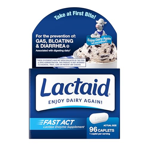 Lactaid Fast Act Lactose Intolerance Caplets with Lactase Enzyme, Dairy Relief from Gas, Bloating & Diarrhea, 9000 FCC Lactose Intolerance Pills, 96 Individual Travel On-The-Go Packs (96 x 1 ct)