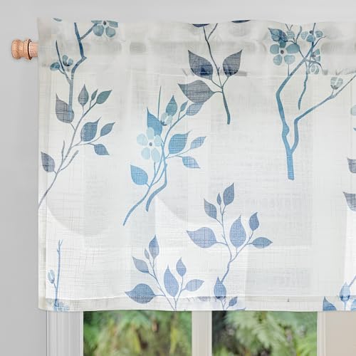 Image of Beauoop Linen Floral Semi Sheer Valance Curtains Kitchen Blue Navy 52x18x1