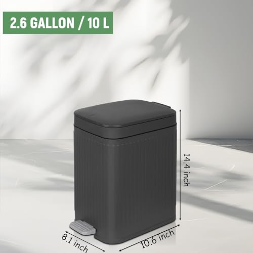 Image of rejomiik Small Bathroom Trash Can with Lid Slim Soft Close Garbage Can Step Wastebasket Container Trash Bin for Office Bedroom Kitchen Living Room (2.6 Gallon Dark Gray)