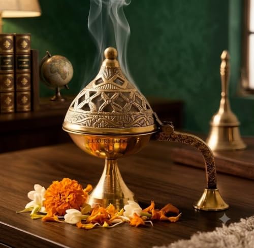 Image of 𝐋𝐔𝐗𝐔𝐑𝐘 𝐋𝐎𝐃𝐆𝐄 Brass Dhoop Holder | Incense Burner | Loban Dani | Dhoop Dani |Brass Loban Dhoop Dani | Dhoop Dani Stand Burner for Puja- 5 inches.