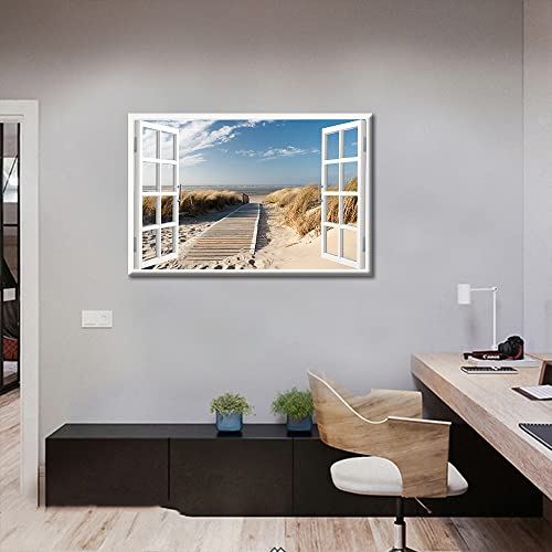 TISHIRON Wall Art Decor 3D Window Effect Boardwalk Sandy Beach View Canvas Pictures Artwork Framed Seaside Print Painting Home Decor for Home Living Room Wall Decor(16x24in) - Image 2