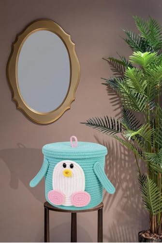 Image of Aroma Brand Kids Lid Basket with Beautiful Characters - Rope Storage Basket for Baby Diaper, Stuffed Animal Storage Bin Rope Basket for Kids Toy, Baby Laundry Baskets with Lid (Sea Green Penguin)