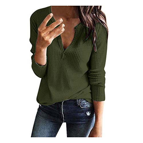 Aniywn Womens V Neck Shirts Long Sleeve Waffle Knit Loose Fitting Tee Tops Pullover Henley Shirts Army Green