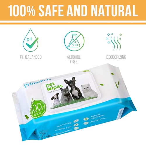 PrimePets Dog Grooming Wipes, 600 Count, 6x8 Inch Deodorizing Wipes for Dogs & Cats, 100% Fragrance Free, Natural Pet Wipes for Cleaning Face Bum Eyes Ears Paws Teeth, Dog Wipes
