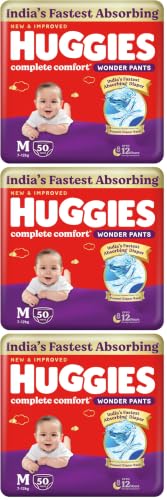 Image of Huggies Complete Comfort Wonder Pants | Pant Style Baby Diapers Medium Size (M), 50 Count | India's Fastest Absorbing Diaper, Prevents Diaper Rash, Ideal for 7 to 12 Kgs (Pack of 3)