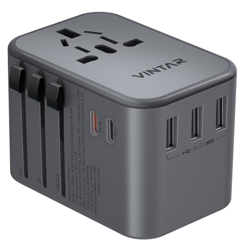 Image of Universal Travel Adapter, VINTAR 35.5W International Power Adapter with 3 USB A QC and 2 USB C PD, All in One Plug Adapter Worldwide Travel Essentials for EU /UK /USA /AUS(Type C /G /A /I), Silver