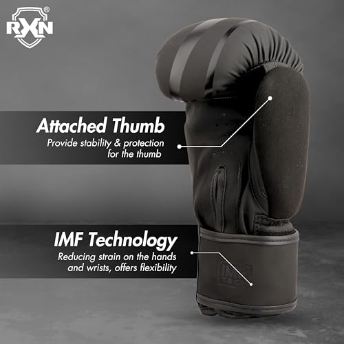 Image of RXN R1 Boxing Gloves with Microfiber Thumb, Premium, High-Performance & Durable for Men, Women & Kids, Training, Kickboxing, Taekwondo, MMA, Muay Thai & Martial Arts (Black, 8oz)