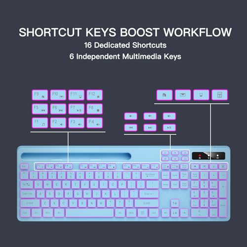 Image of Soueto Wireless Keyboard with 7-Color RGB Backlit, Full-Size Computer Keyboard with Phone Tablet Holder, 2.4G Rechargeable Gaming Keyboard with Light Up Keys, Compatible with Mac, Windows (Sky Blue)