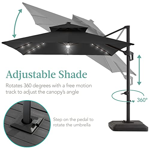 Best Choice Products 10X10Ft 2-Tier Square Cantilever Patio Umbrella With Solar Led Lights, Offset Hanging Outdoor Sun Shade For Backyard W/Included Fillable Base, 360 Rotation - Gray #TOP3