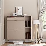 UEV Armoire à Chaussure Inclinable, Meuble à Chaussure pour 16 Paires de Chaussure, Rangement Chaussure, Etagère Caché et Cabinet Botte sur Côté (Cachemire)