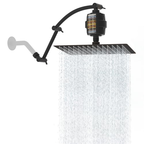Hibbent All Metal Rain Filtered Shower Head, 12'' High Pressure Rainfall Showerhead with 16" Shower Extension Arm, 20 Stage Shower Filter, Solid Brass Adjustable Shower Arm Extender, Oil-Rub