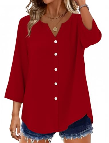 Image of OFEEFAN Button Down Shirts for Women 3 /4 Length Sleeve Tops V Neck Blouses Business Casual Outfits Loose Fit