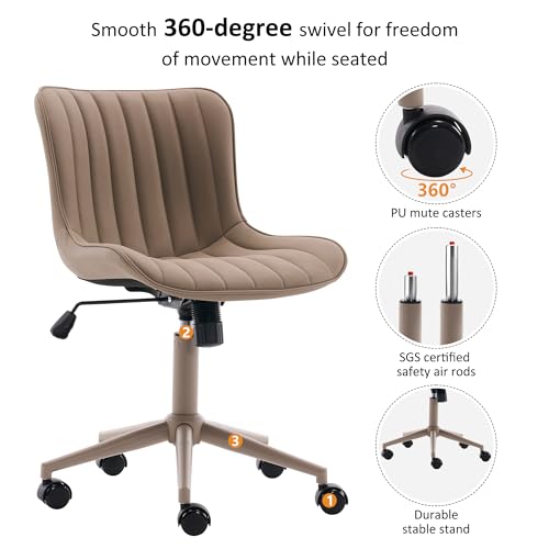 Image of YOUNIKE Office Desk Chair with Wheels Armless Vanity Chair Ergonomic Khaki | Faux Leather Upholstered with Rocking Back, Swivel Height Adjustable, Modern Small Cute Task Chair For Sewing Drafting