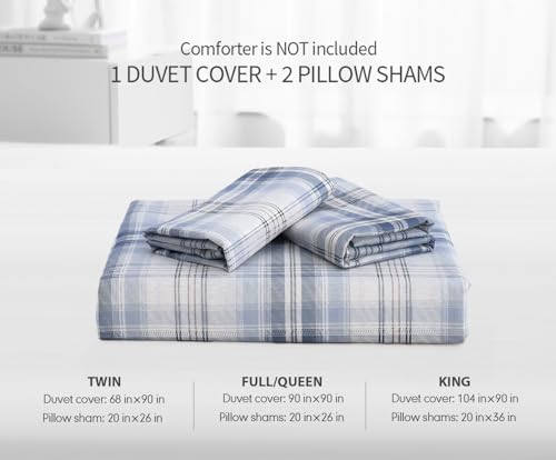 Image of SLEEPBELLA Blue White Grid Duvet Cover Set, 100% Cotton Bedding, Buffalo Plaid Geometric Checker Pattern, with Button Closure (3pcs, Queen Size)