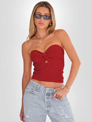 EFAN, Camiseta de Tubo sin Tirantes con Nudo Torcido Delantero para Mujer, Bandeau de Tipo corsé, de Punto Acanalado, Rojo -, XS