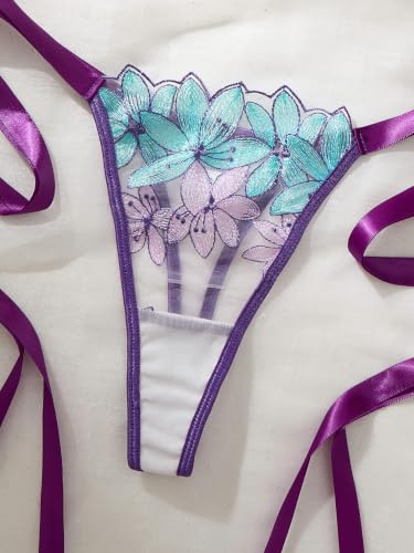 Image of Lilosy Sexy Tie Side Cute Underwire Push Up Strappy Embroidered Mesh Sheer Lingerie Set