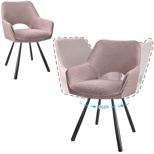 JIJIAN 2er Set Esszimmerstuhl Drehbar mit Armlehne, Drehbar 360°, Küchenstuhl, Moderner Polsterstuhl mit Stoffrückenlehne für Küche, Esszimmer, Schlafzimmer, Rosa