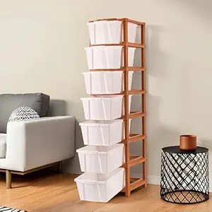 Kuber Industries 7-Tier Collapsible Multipurpose Plastic Drawers Storage Organizer | Durable Cabinets/Storage Rack for Kitchen | Kids Toy Box & Shelf for Home/Office | Brown & White