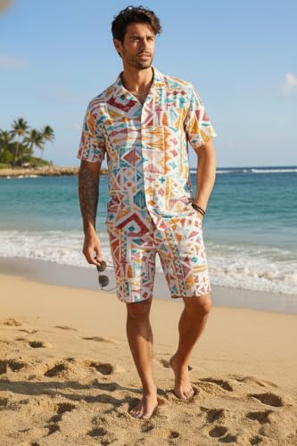 Image of Zilcon Men's Matching Set Summer Beach 2 Piece Outfits Floral and Palms Button Down Shirts and Shorts Goa Vacation Outfits