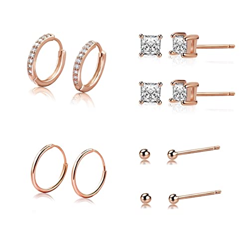 Rose Gold Earrings For Women Teen Girls Sterling Silver 4 Dainty Earrings Sets Hypoallergenic Earring Hoops Rose Gold Stud Set Earrings Jewelry For Women #TOP5