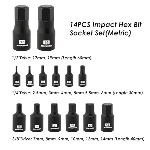 Image of MIXPOWER 14-Piece Dr. Bit Socket Set, 2.5mm to 19mm, 1 /4 inch, 3 /8 inch and 1 /2 inch Drive, Cr-Mo Impact Grade, Metric, Hex Bit Socket