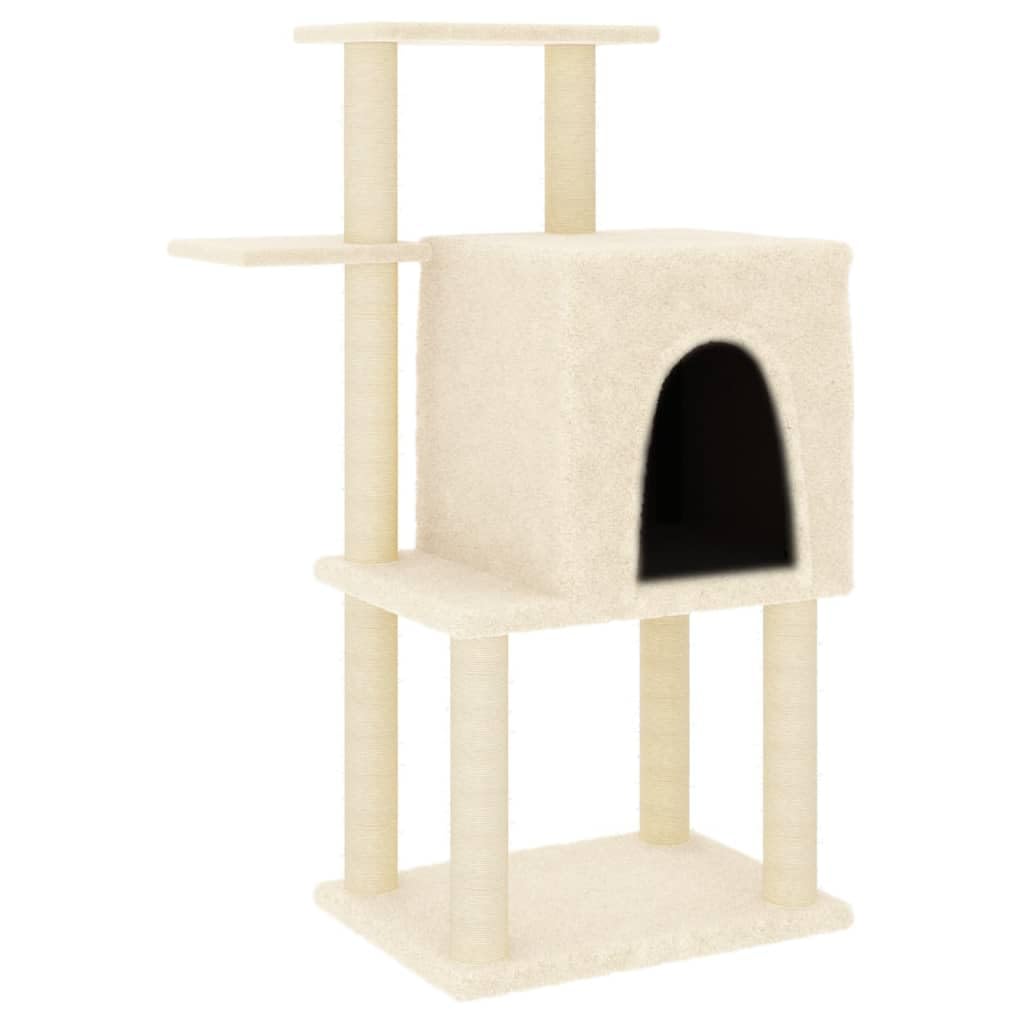 Kratzbaum mit Sisal-Kratzsäulen und Katzenhaus, 97 cm hoher Katzenbaum aus Holzwerkstoff und Plüsch, Kletterbaum für Katzen zum Klettern und Ausruhen, Creme