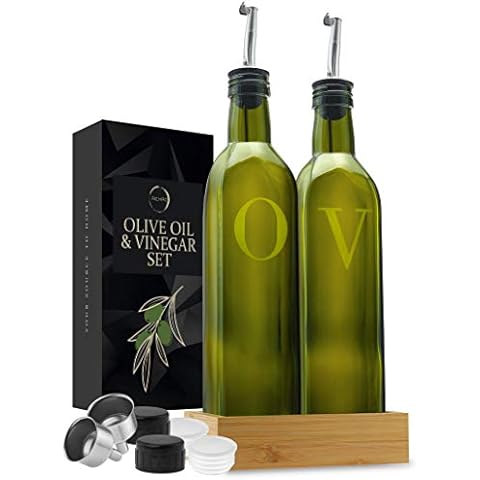 Olivenölspender Flasche 2er Set mit Holztablett 17oz Glas Öl und Essig Spender - Edelstahl Ausgießer Cover