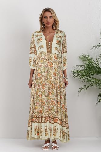 Image of Women Short Sleeve V Neck Floral Print Casual Bohemian Maxi Dresses