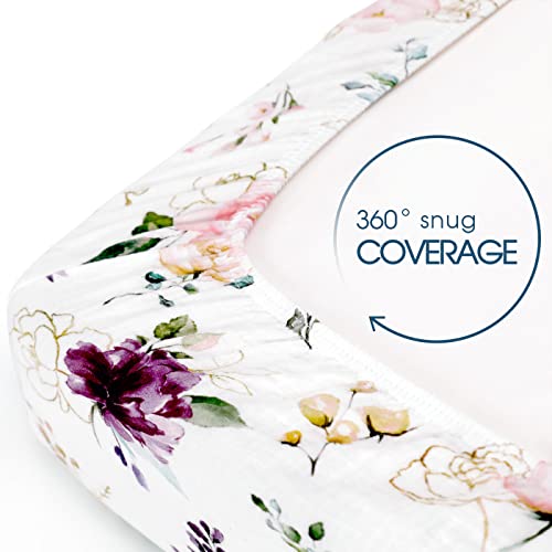 Image of GRSSDER Soft Muslin Crib Sheet 1 Pack, 100% Cotton Crib Sheets for Boys and Girls, Fit Standard Crib Mattresses 52 inch x 28 inchSafe and Snug, Stylish Purple Flora Pattern