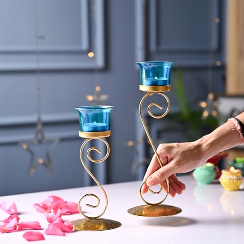 Image of Market99 Glossy Golden Metal T-Light Holder Set of 2 with Leaf Pattern & Blue Glass Votives | Stylish Decorative Tealight Candle Stand for Home Decor, Office, Living Room & Festive Season Celebrations