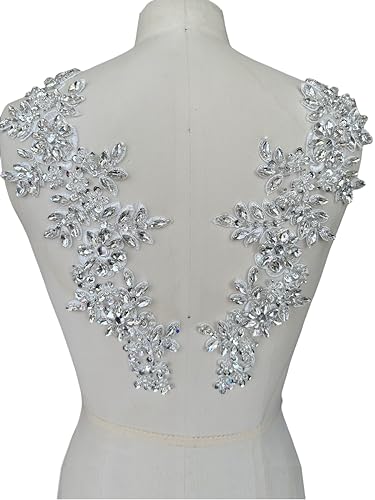 Handmade Rhinestones on lace Applique Sewing Beads Sequins Trim Patches for Wedding Dress Accessories 1 Pair/Bag (Silver)