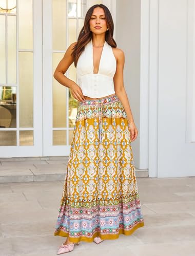 Bsubseach Skirts for Women Summer 2025 Boho Pleated Flowy Long Skirts Casual A Line Floral Maxi Skirt with Pockets