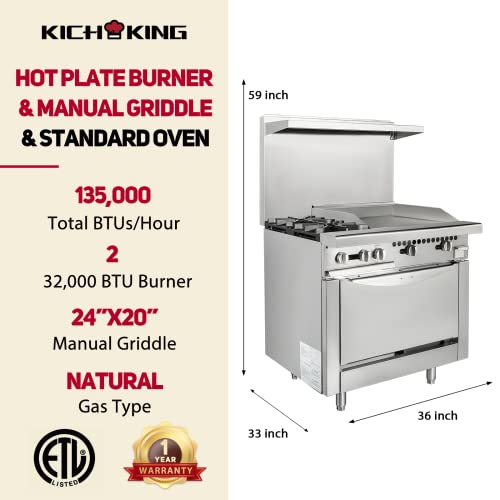 Kichking 36" Commercial Ranges, 2 Burners, 24'' Griddle Gas Range, Equipped With A Standard Oven, 135,000 Btu, Natual Gas Ranges, Gas Stove For Efficiency And Precision Cooking For Restaurants #TOP1