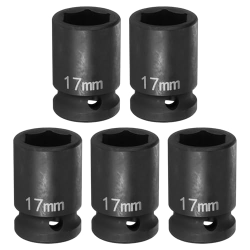 Image of sourcing map 5pcs 6 Point Impact Socket 17mm Metric Socket 1/2" Square Drive 1.5" (38mm) Long Phosphated Cr-Mo Steel Spindle Axle Hex Nut Sockets, Black